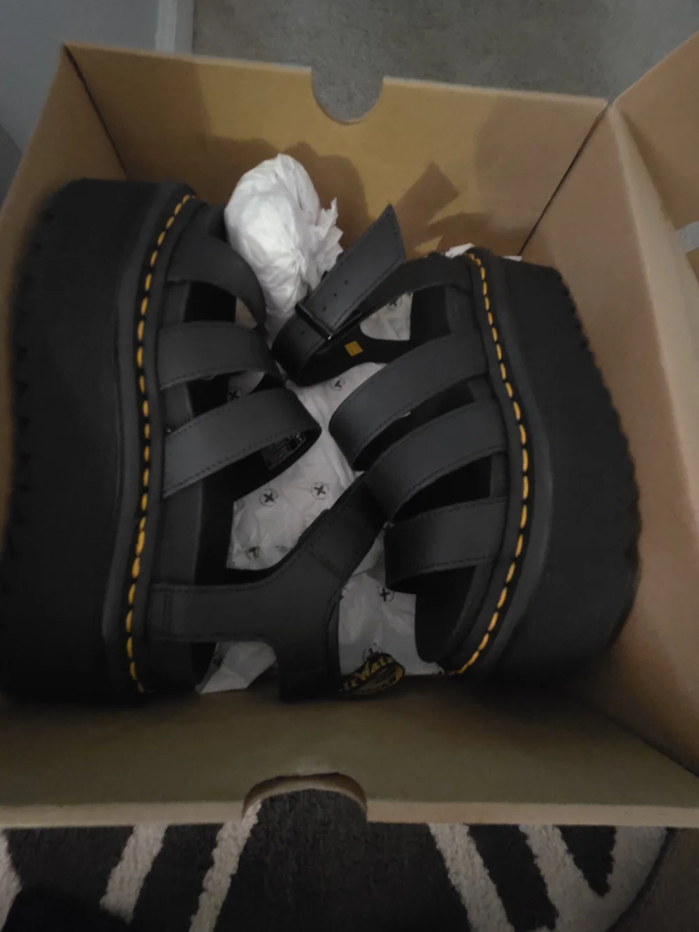 Doc Martens Black Platform Strappy Sandals with Yellow Stitching